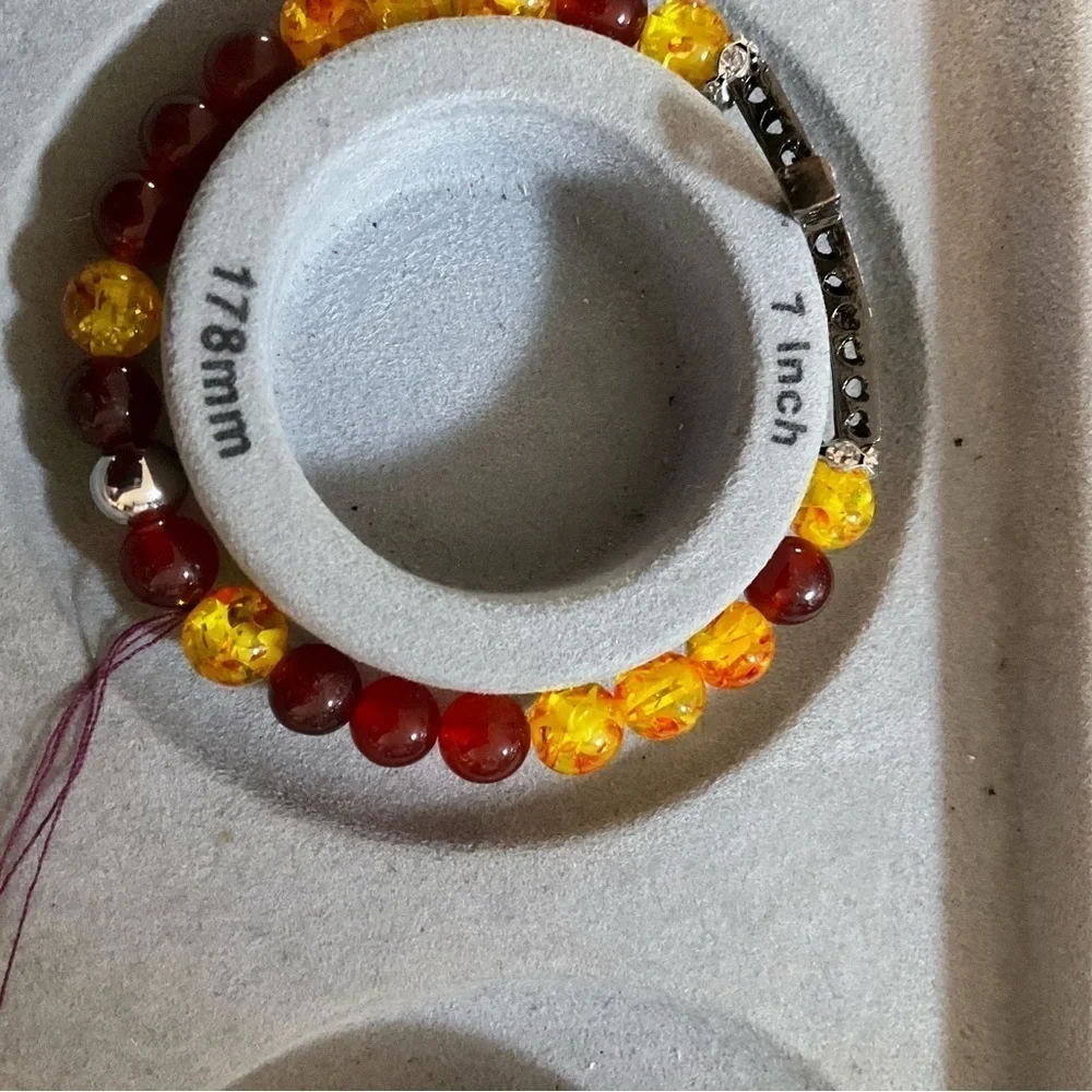 Hand Crafted Bracelet Gemstones with Rhinestone Cross Yellow Red Stretch